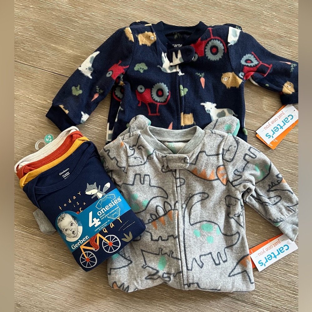 NWT Carter’s 6 month fleece sleepers and Gerber 6-9 month short sleeved onesies